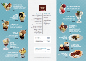 carte des glaces et desserts du restaurant